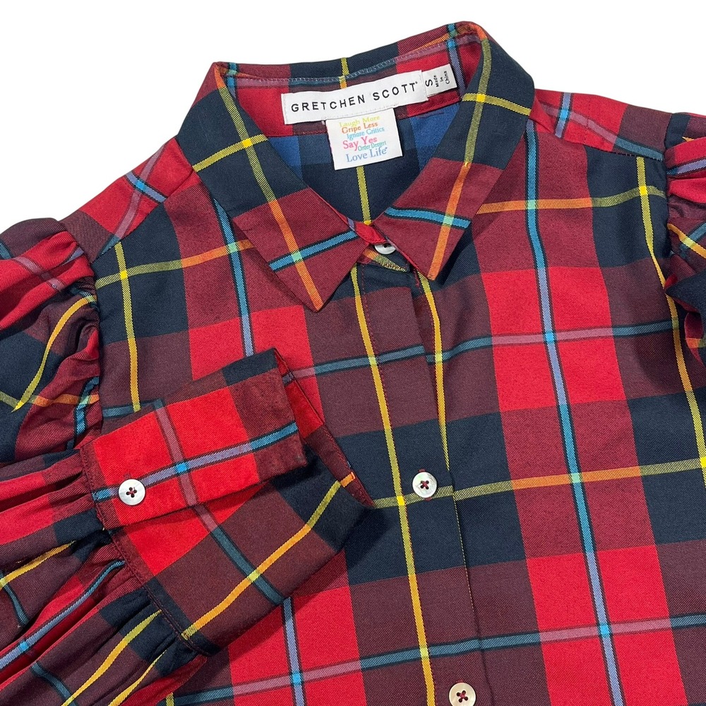 Gretchen Scott Plaid Blouse Women S Red Puff Sleeve Button Down Preppy Tartan